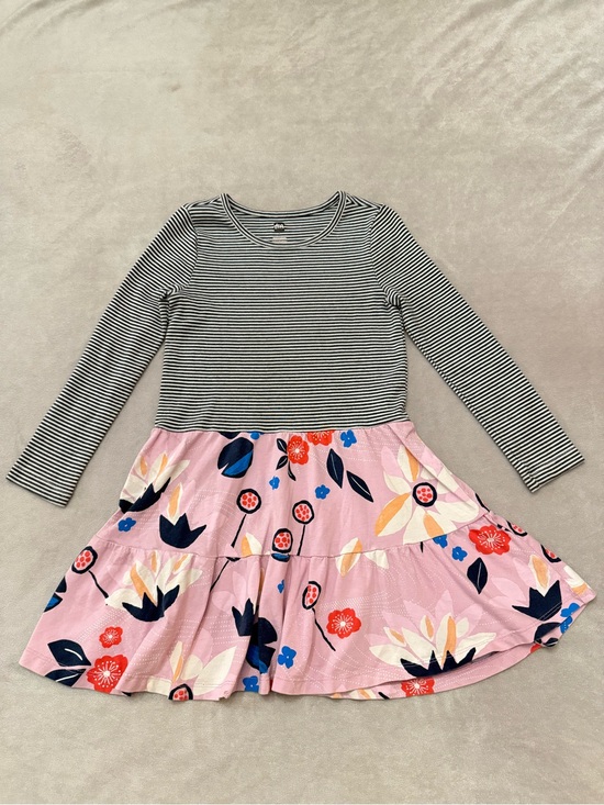 Tea Collection Other - Tea Collection Girls Floral Dress Size 6 Pink Black Striped Long Sleeve Cotton